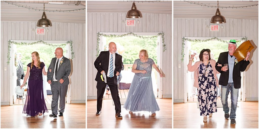 Collage of the bride and groom's family dancing their way into the wedding reception.