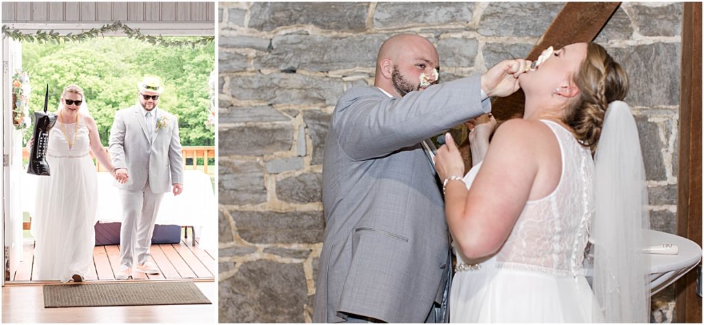 Collage of the bride and groom entering their wedding reception and the groom smashing cake in his bride's face.