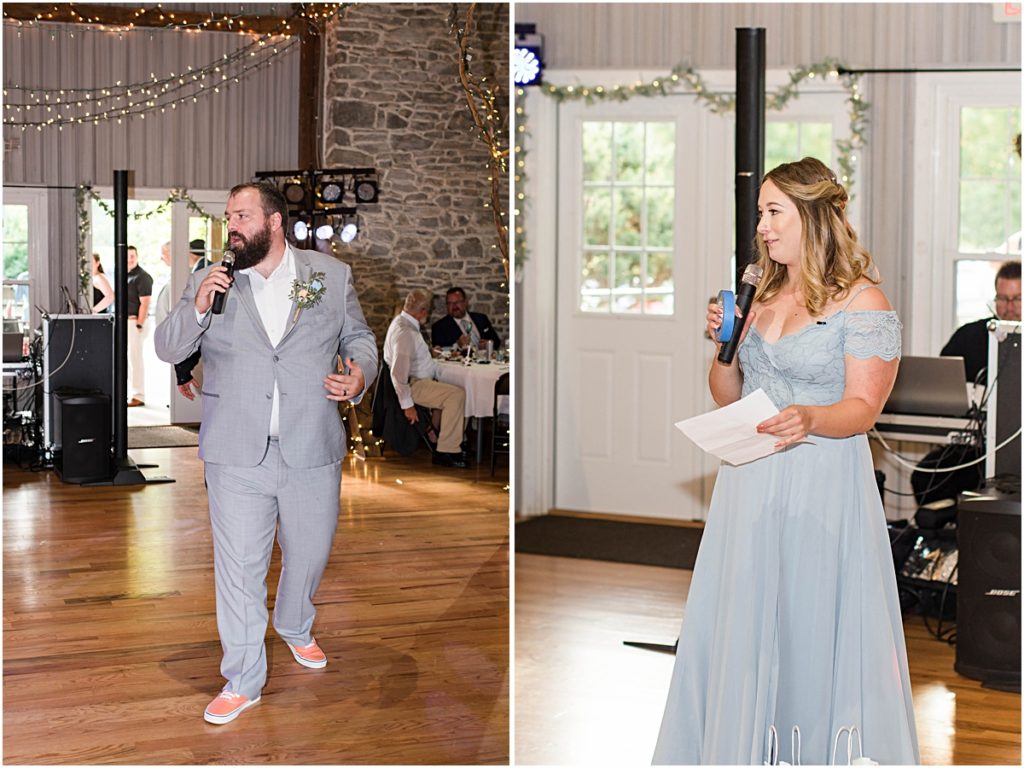 Collage of the best man and maid of honor giving their wedding day toasts.