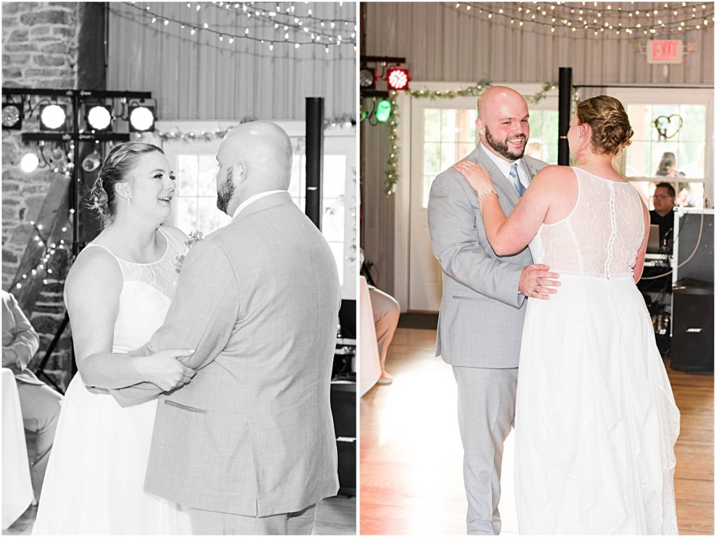 Collage of Anneliese and Alec during their first dance on their wedding day at Poor Farm House Park.