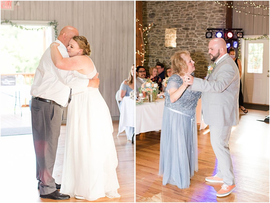 Collage of the bride dancing with her dad and the groom dancing with his mom on their wedding day.