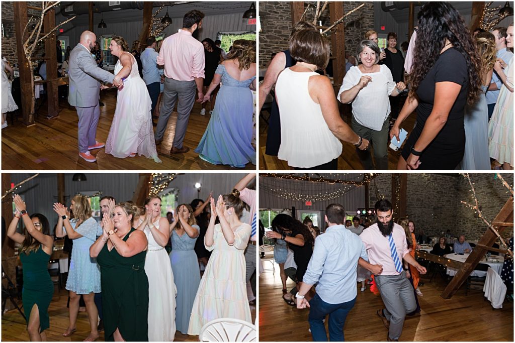 Collage of guests dancing during Anneliese and Alec's wedding day.