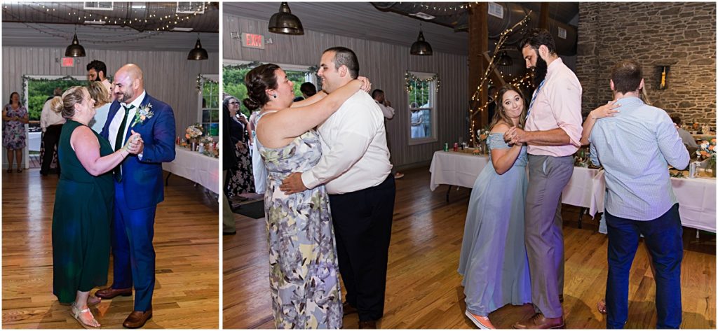 Collage of guests dancing during Anneliese and Alec's wedding day at Poor Farm House Park.