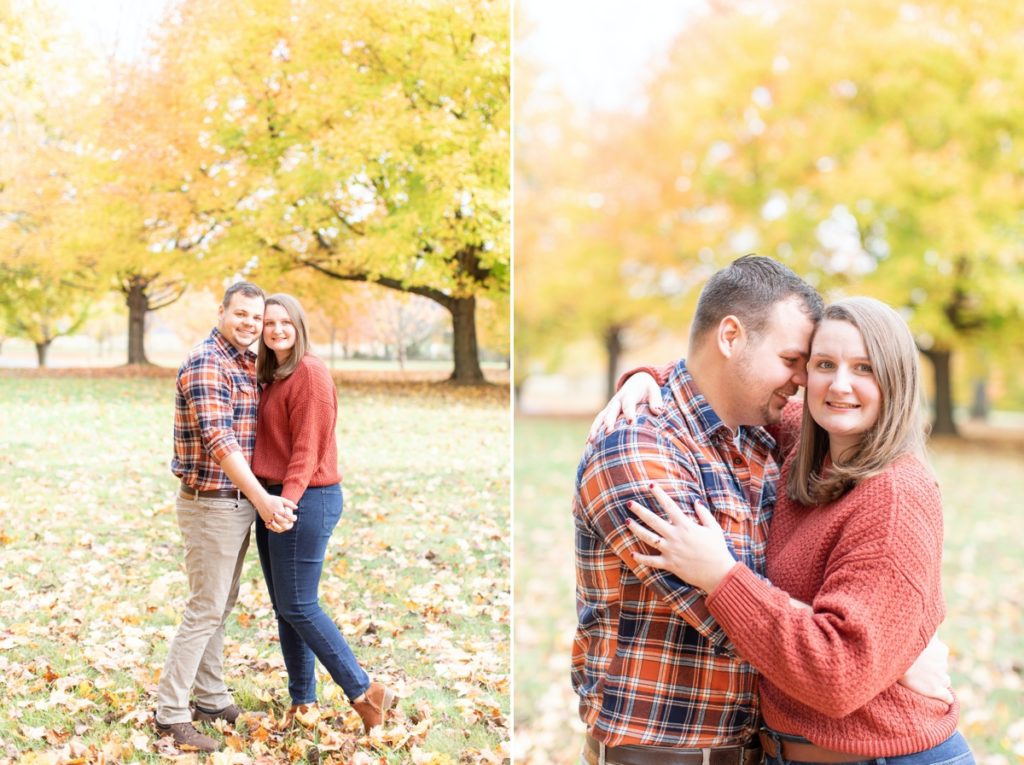 A couple outfitted to complement the colors of the season during their Fall portraits.