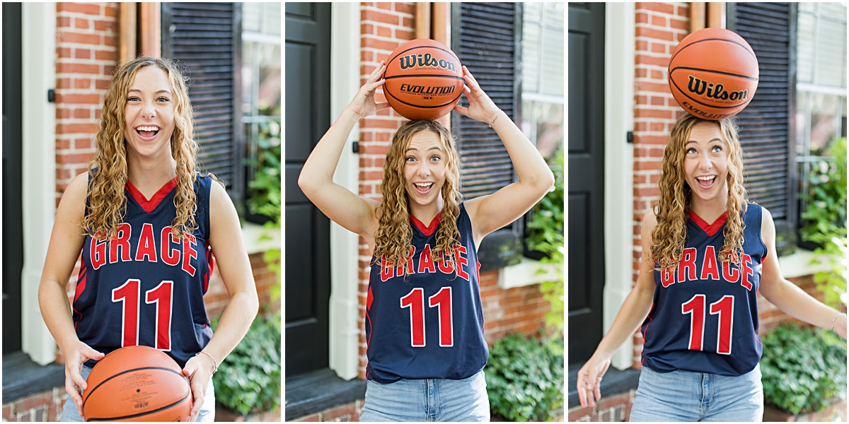 Amanda balancing a basketball on her head and wearing her team's jersey; photo taken by a photographer in Virginia.