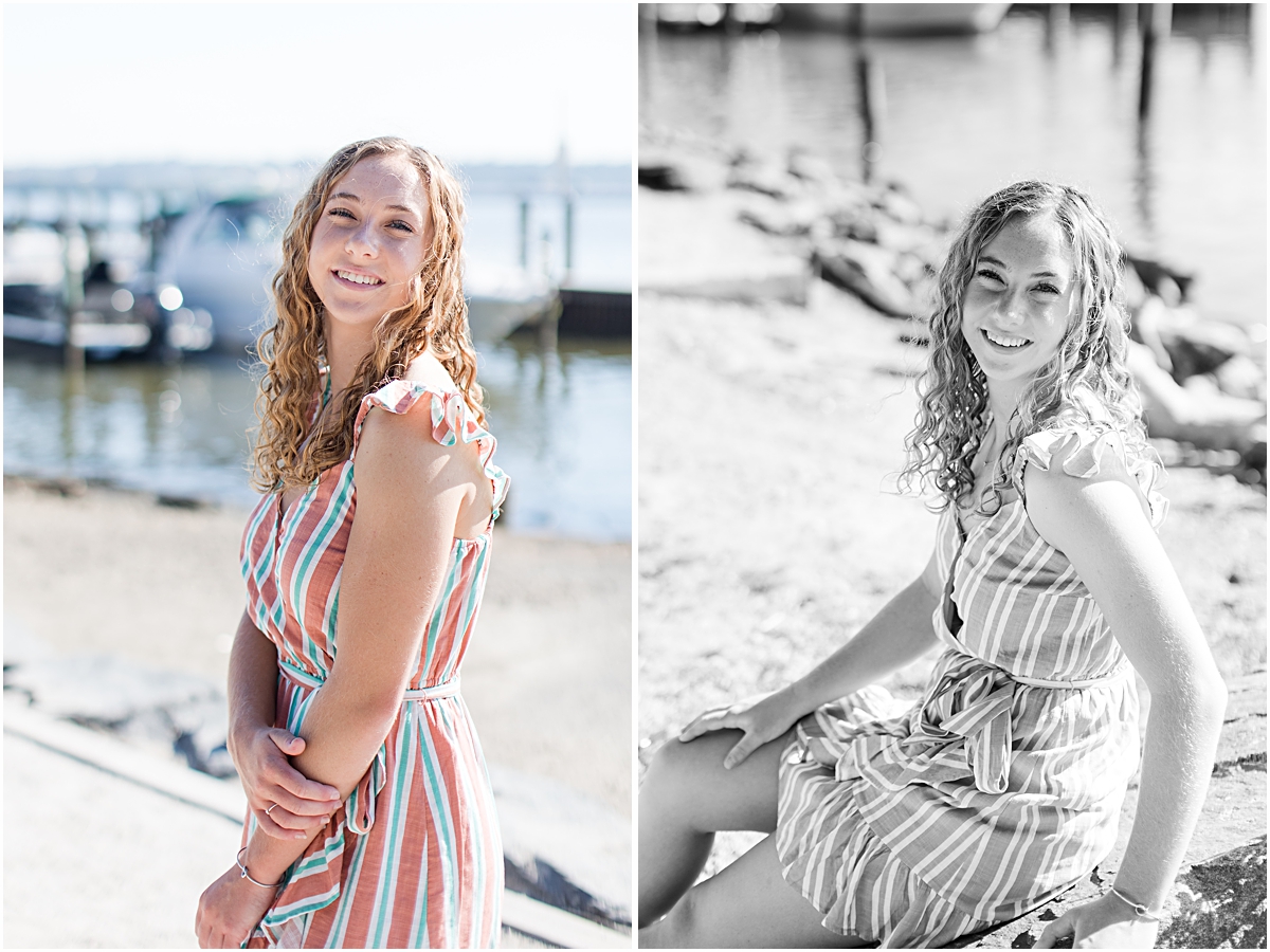 Amanda posing on a dock by the water in Old Town Alexandria; photo taken by a photographer in Virginia.