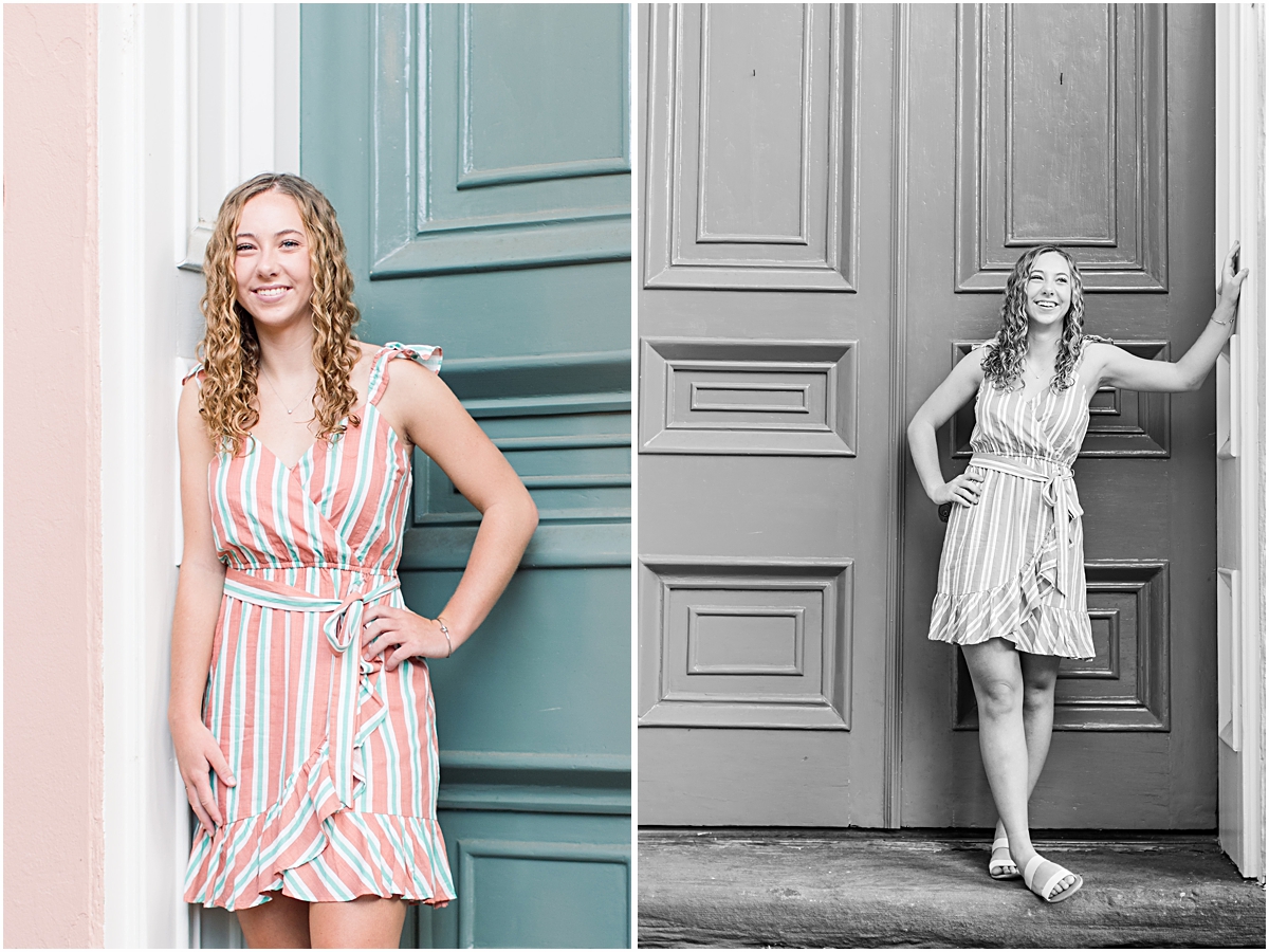 Amanda posing in front of a large pair of double doors; photo taken by a photographer in Virginia.