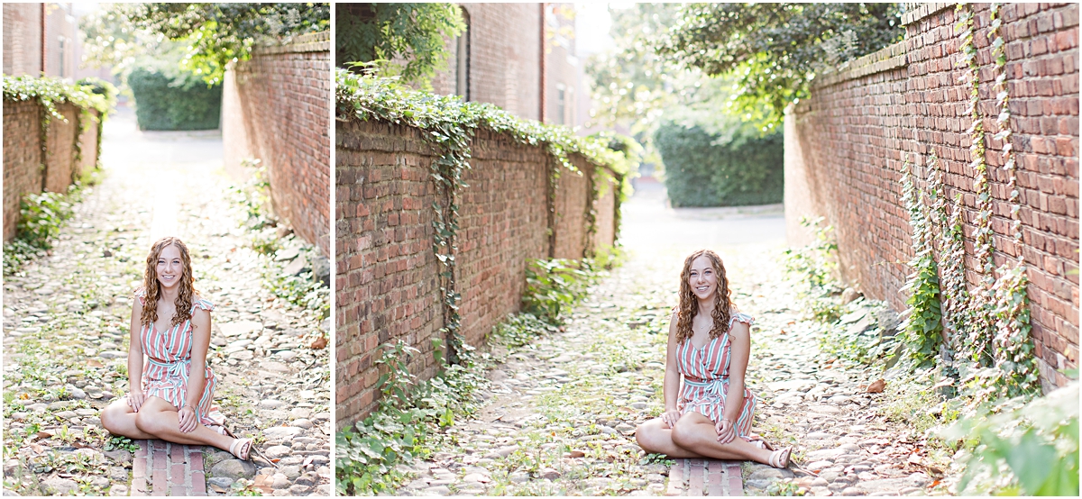 Amanda sitting in an ivy covered alley between two brick walls; photo taken by a photographer in Virginia.